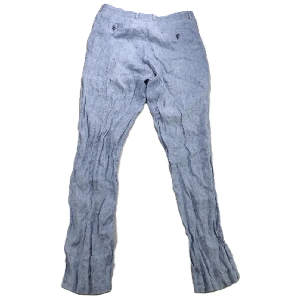 Nordstrom 100% Linen Flat Front Pants Men W35 Blue Chambray Casual Summer 2018